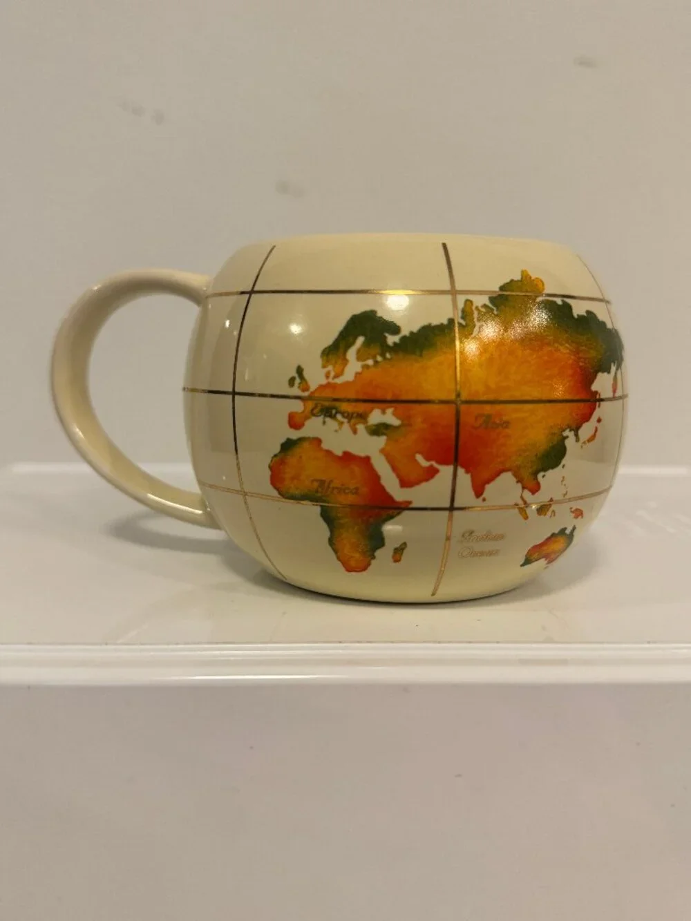 Vintage 1993 FTD World Map Globe Round Ceramic Coffee Mug Gold Trim